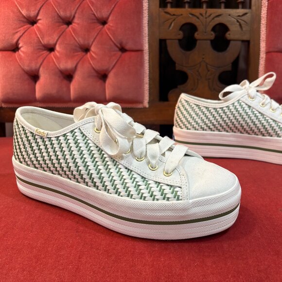 Kate Spade Green and White Multi-woven Keds platform Sneakers, NWOT, Size 8.5 - Picture 2 of 8
